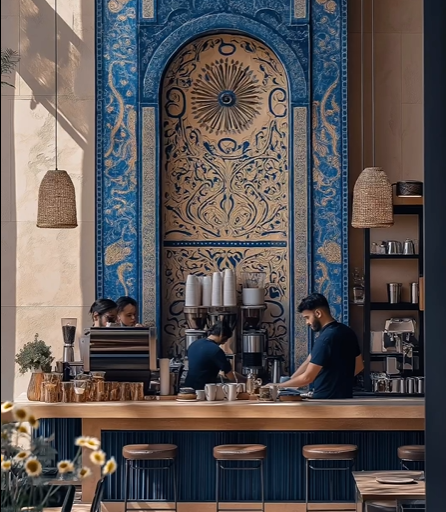 دیزاین زیبای این کافه در تهران فقط دو رنگ دارد؛ فیروزه‌ای و سفید