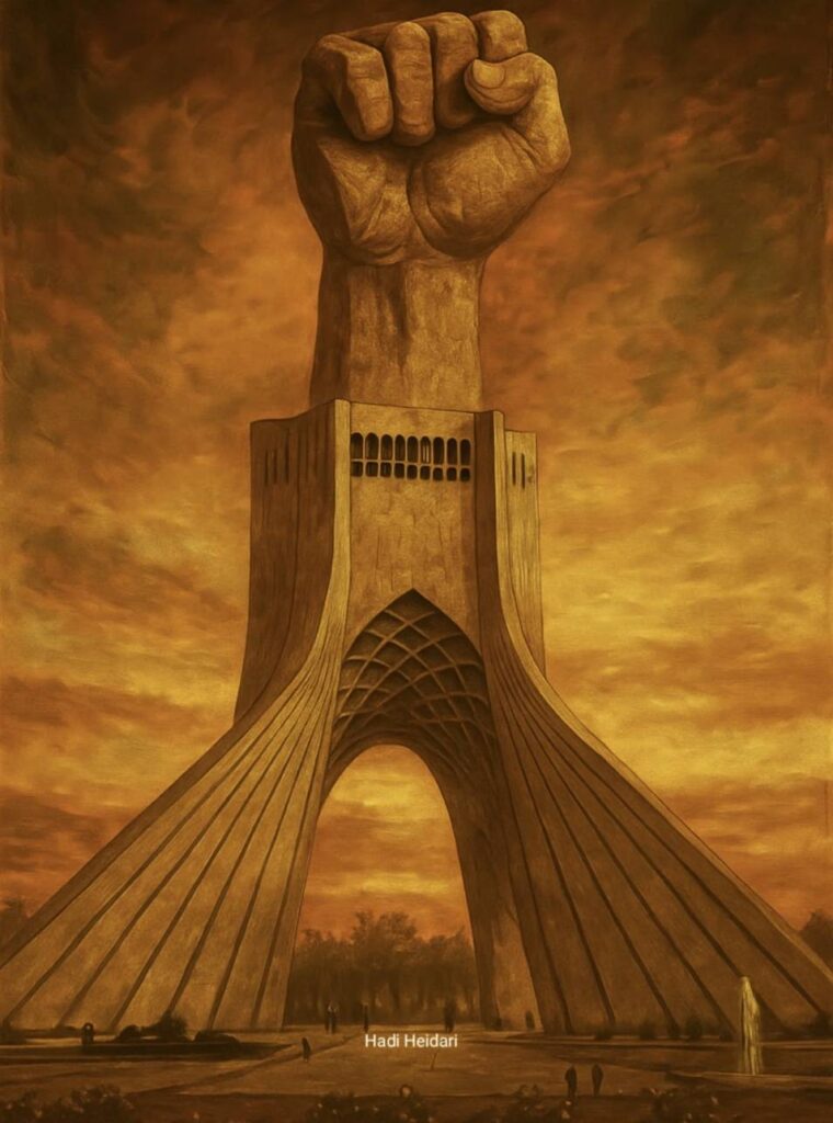 دست قدرت مردم ایران از بالای برج آزادی درآمد